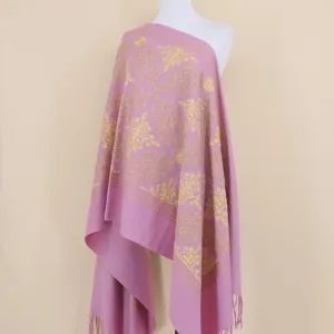 Elegant pink cashmere shawl with gold embroidery floral pattern and fringe design for women.