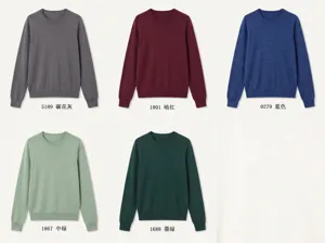 Detailansicht nahtloser Damen Wollpullover mit Rundhalsausschnitt in vielen Farben.