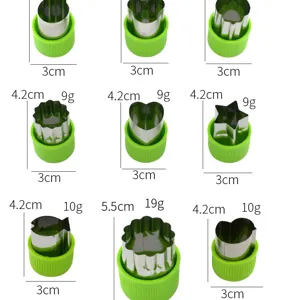 Stainless steel vegetable cutter details showing various shape sizes and precise item weights.
