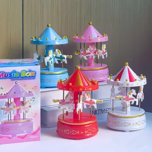 Wooden Carousel Music Box Birthday Gift Cake Decoration Kids Girl Toy Rotating Music Box Home Decor Ornament