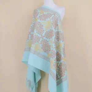 Light blue gold thread embroidered floral scarf detail, elegant cashmere shawl design.