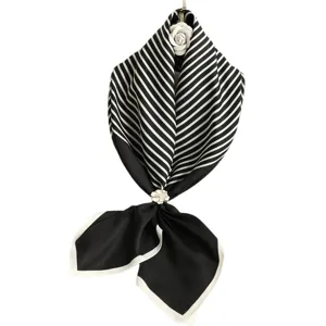 Black and white striped silk square scarf with elegant camellia flower brooch for women.
