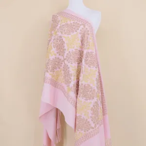 Pink cashmere shawl with gold embroidery, elegant floral pattern, soft cozy scarf for women.