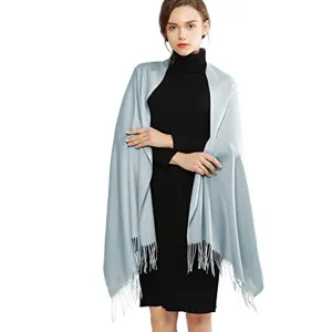Solid color fringed cashmere-feel shawl, elegant winter wrap for women weddings and evening parties.