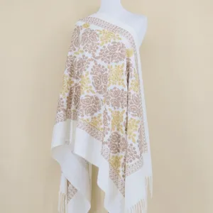 White cashmere scarf with gold floral embroidery, elegant warm winter shawl for women.