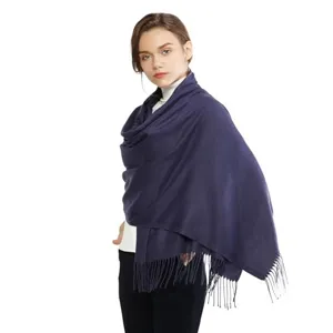 Solid color tassel shawl, soft cashmere-feel fabric, elegant winter evening wrap accessory.
