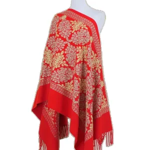 Red gold thread embroidered cashmere shawl winter warm tassel scarf elegant women accessory