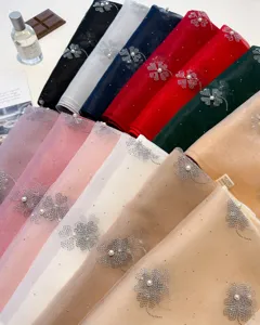 Multi-color rhinestone pearl embellished sheer scarf shawl, elegant neck wrap accessory.