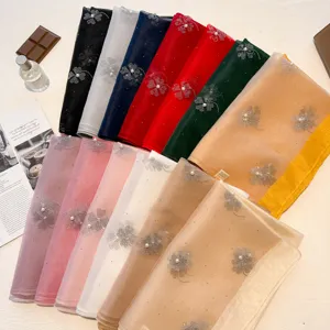 Exquisite sheer silk blend scarf with rhinestone pearl clover detail for women elegant wrap.