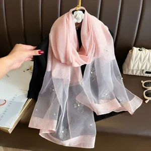 Elegant pink gradient silk scarf with beaded clover design, perfect chic women shawl.