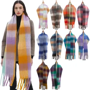 Women Winter Warm Plaid Tassel Scarf Fashion Thickened Loop Yarn Polyester Scarf Shawl Versatile Daily Scarf
