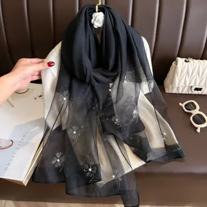 Black sheer silk-blend scarf with sparkling rhinestone beading and pearl clover motifs, elegant women shawl.