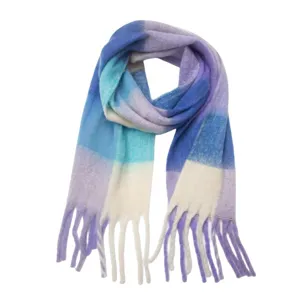 Colorful gradient plaid scarf detail, soft knitted fringe design, cozy winter accessory.