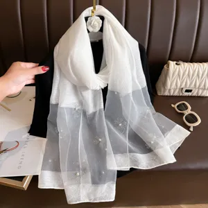 White sheer scarf for women with beaded floral design elegant autumn winter wrap shawl