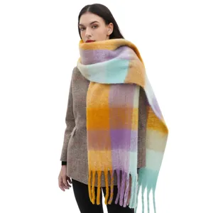 Thick fuzzy plaid scarf for women warm winter colorful rainbow tassel wrap shawl style.