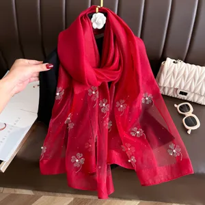 Red silk blend embroidered scarf shawl with pearl beaded clover design for women winter