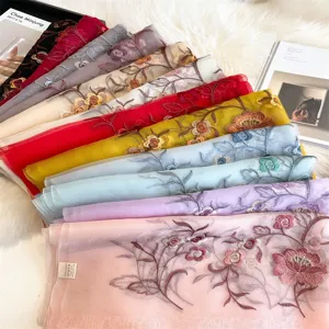 Luxury silk embroidered scarf for women, elegant floral design autumn winter shawl accessory detail.