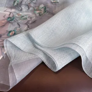 Elegant light blue mulberry silk embroidered scarf, premium fashion wrap shawl for women daily.