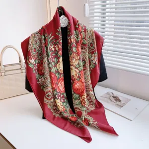 Damen Mode Bedruckter Satin Quadratischer Schal Vintage Paisley Blumen Halstuch Elegantes Leichtes Seidengefühl Tuch