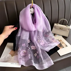 Handcrafted silk embroidered scarf elegant purple floral long wrap shawl for autumn