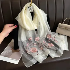 Silk embroidered scarf elegant floral shawl autumn winter women fashion accessory soft lightweight