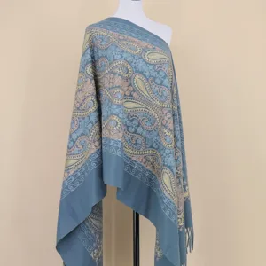 Blauwe kasjmier-achtige geborduurde paisley sjaal warme winterdamesomslag