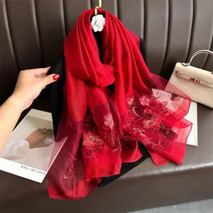 Handmade red silk scarf with delicate floral embroidery, elegant shawl for women autumn.