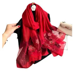 Red silk embroidered scarf for women luxury mulberry silk floral shawl elegant winter wrap.