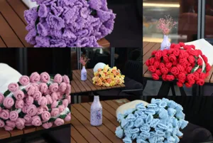 Handmade crochet rose flower shawl blanket detail showcasing various vibrant color options.