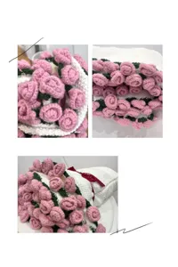 Close-up detail of handmade crochet rose blanket, showcasing delicate pink flower and leaf texture.
