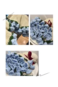 Handmade crochet flower blanket detail view, exquisite blue floral texture and ribbon.