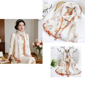 Floral long chiffon scarf for women, elegant lightweight spring summer sun protection wrap.