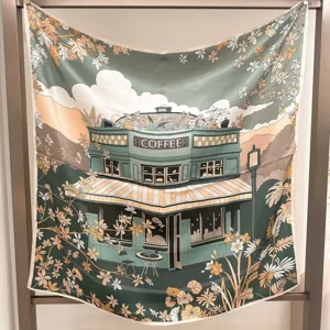 Retro café print silk square scarf, elegant 90cm twill silk shawl for women versatile.