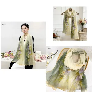 Elegant cream crêpe long floral scarf for women, lightweight chiffon sun protection for spring summer.