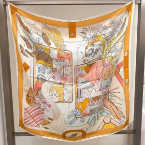 Luxury 100% silk square scarf with artistic luggage print and elegant design for women.