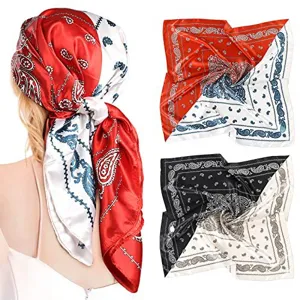 Satin silk square scarf featuring classic paisley pattern, elegant hair scarf and neckerchief.