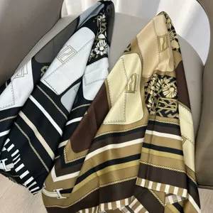 Elegant faux silk twill scarf with vintage bag and belt print, versatile fashion accessory.