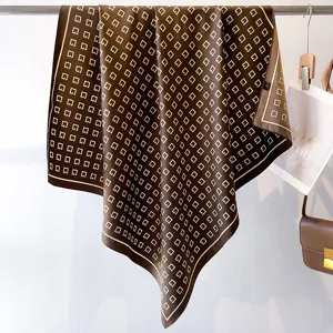 Vintage brown square silk scarf for women, classic monogram print chic neckerchief 70cm.