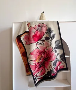 Thickened floral print winter shawl scarf, oil painting botanical design, warm gift.