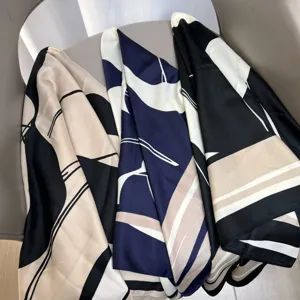 Abstract print twill silk square scarf, elegant lightweight neckerchief for women.