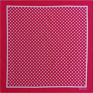 Red and white polka dot cotton bandana detail, classic retro square scarf for daily wear.