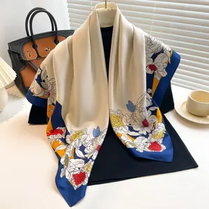 Women Fashion Satin Square Scarf Floral Printed Vintage Elegant Neck Scarf Daily Casual Versatile Head Scarf