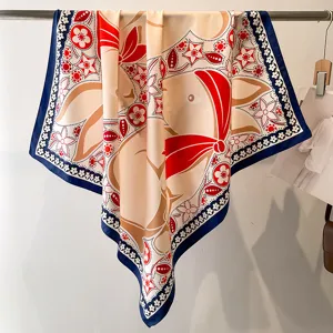 Classic rabbit floral print 70cm square silk scarf, stylish fashion satin neckerchief for women.