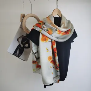 Women's Silk Scarf Elegant Floral Printed Long Shawl Fashion Lightweight Satin Neck Scarf For Daily Wear