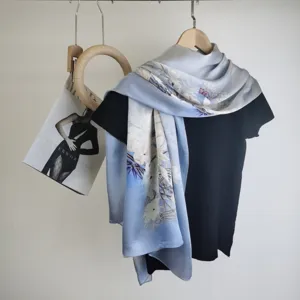 Women's blue floral silk scarf long shawl elegant lightweight neck wrap spring accessory