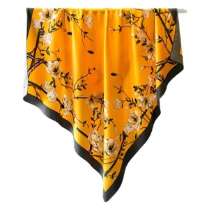 Elegant yellow floral square silk scarf for women, fashion vintage neckerchief 70cm.