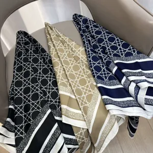 Elegant geometric print twill silk scarf, versatile thin neckerchief and stylish hair accessory for women.