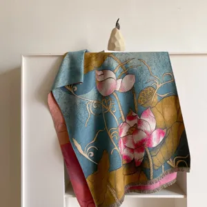 Thickened lotus floral print winter warm scarf oil painting style art shawl gift for women.