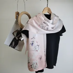 Women's long silk scarf with elegant pink floral print, soft and smooth 11-momme silk satin shawl.
