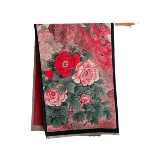Chic winter warm floral print shawl scarf with elegant oil painting botanical design.